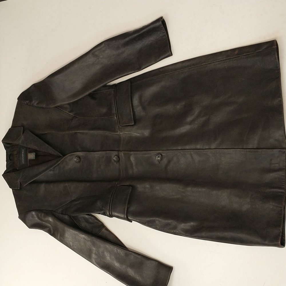 Leather Dark Brown Coat 40" Long Classic Trench Style LG 12 See Measurements - Picture 8 of 10